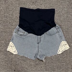 Striped Blue and White Maternity Shorts with Lace Detail